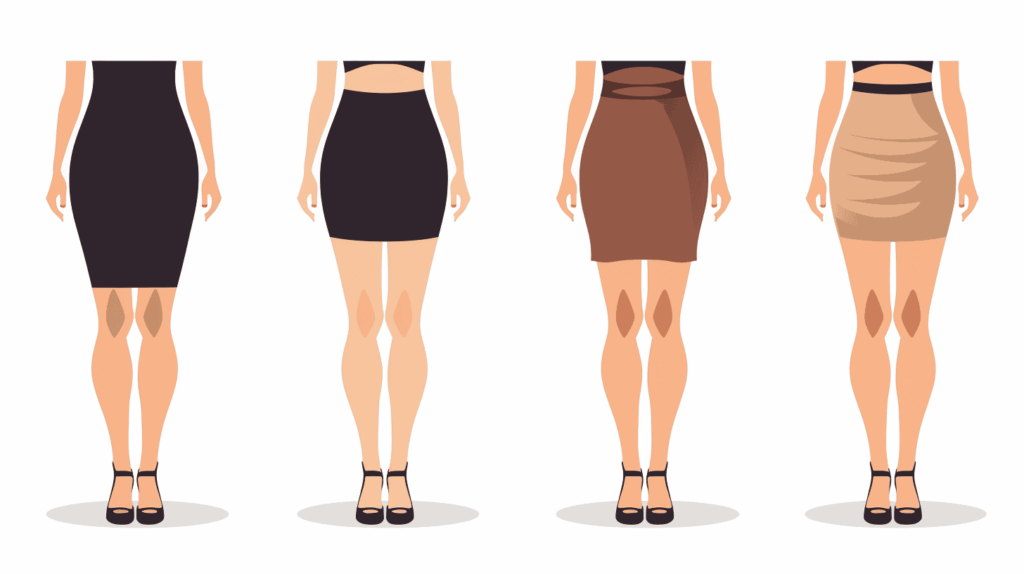 Graphic showing different lengths of pencil skirts on women, from below the knees to mid thigh.