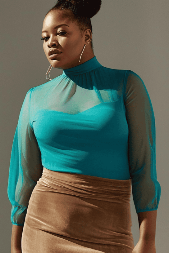 Woman wearing a teal top with a khaki pencil skirt