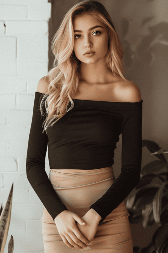 White blonde woman wearing a khaki pencil skirt with a off the shoulder long sleeve black top