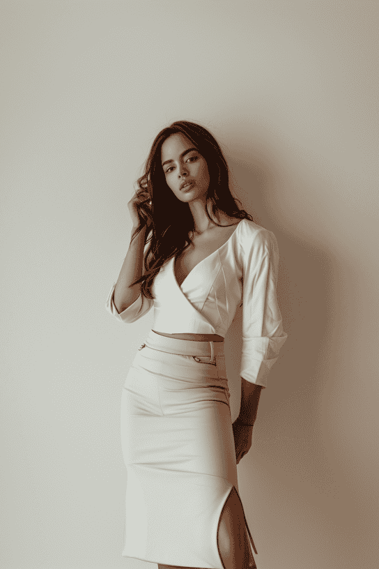 Brunette woman wearing a khaki pencil skirt with a white top long sleeve v neck top