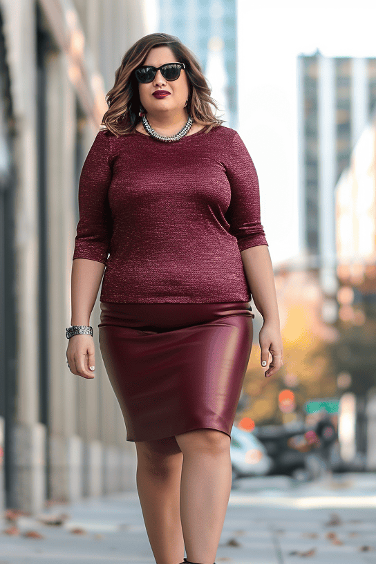 Burgundy leather skirt outfit best sale