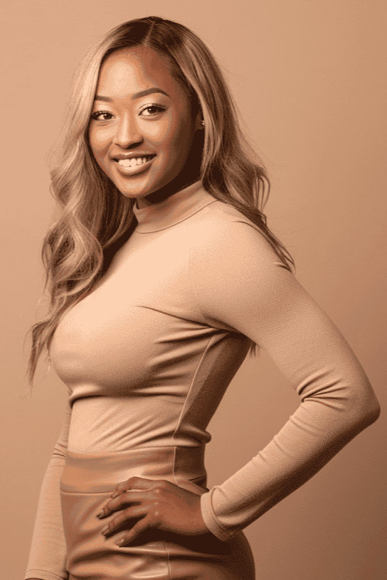 Asian woman wearing a tan leather pencil skirt with a light brown long sleeve top