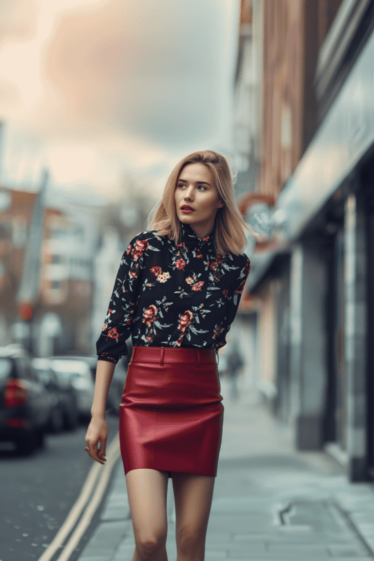 Woman wearing a red leather pencil skirt with a floral black top. She is standing on the side walk with cars visible in background