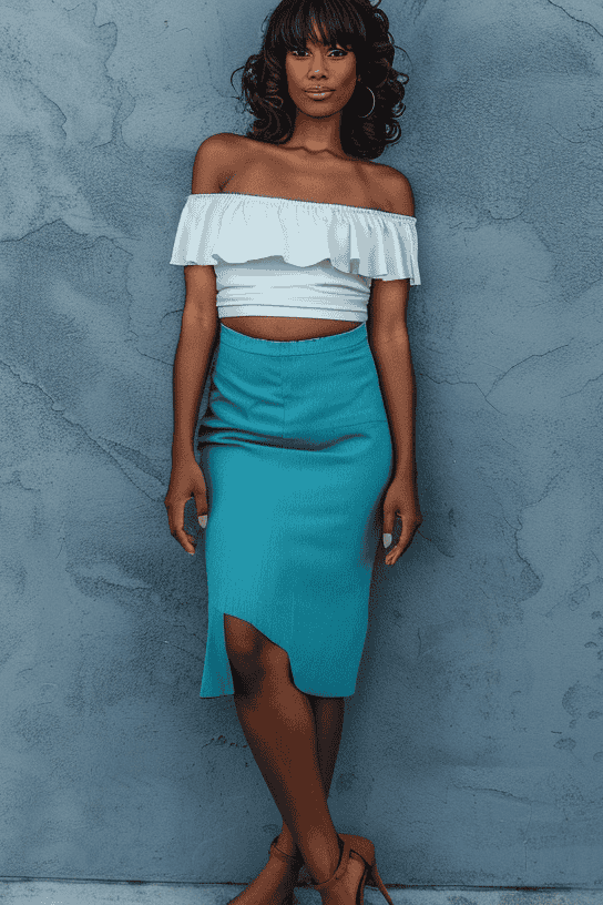 Black woman with long hair, white sleeveless top with ruffles and she is a wearing an aqua blue pencil skirt