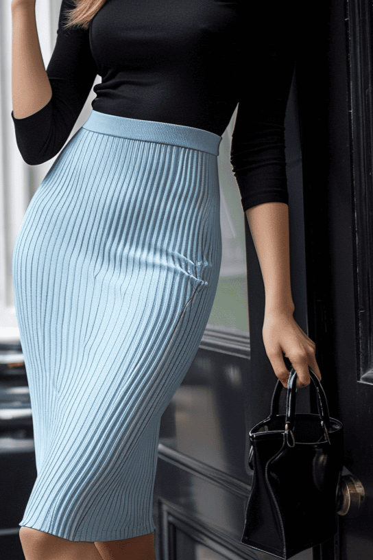 Woman wearing a pale blue pencil skirt with a black long sleeve top and a black handbag in one hand. She is standing on the side walk leaning onto a building with a car in the background.