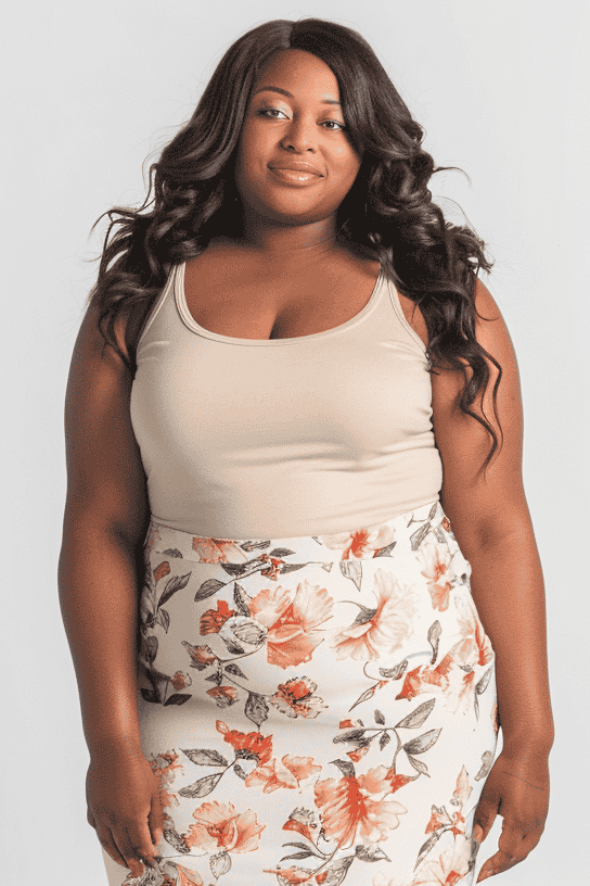 Black woman wearing a cream floral pencil skirt with a white sleeveless top
