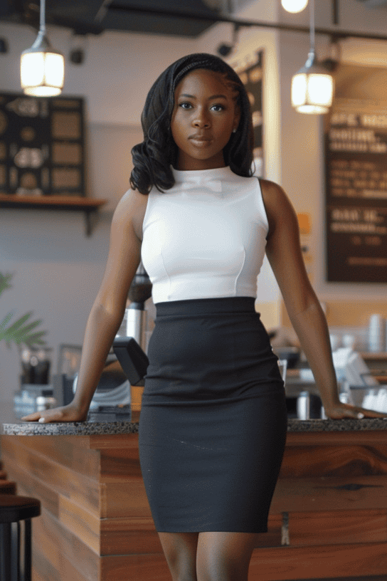 Woman wearing black high waisted long pencil skirt with a white sleeveless top