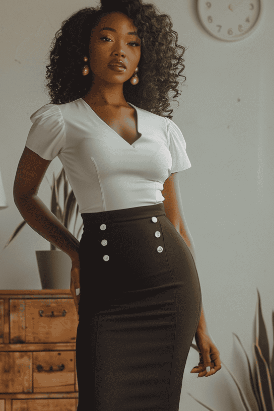 Black woman wearing a long black pencil skirt with a white blouse. She is standing in her bedroom.