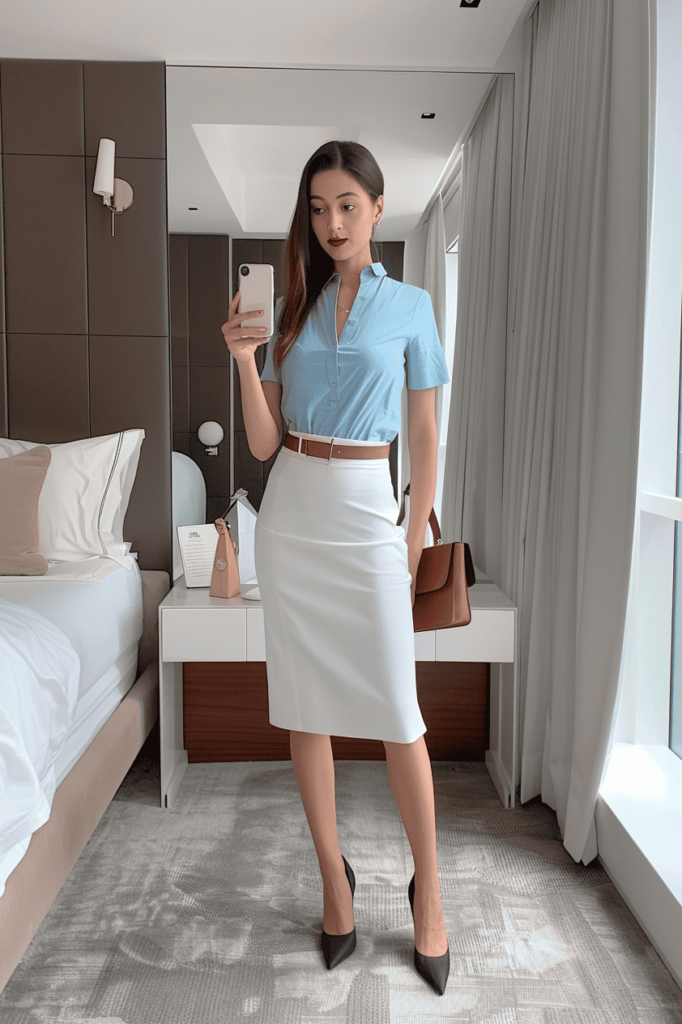 Asian woman wearing white long pencil skirt with a teal top and a pair of black heels