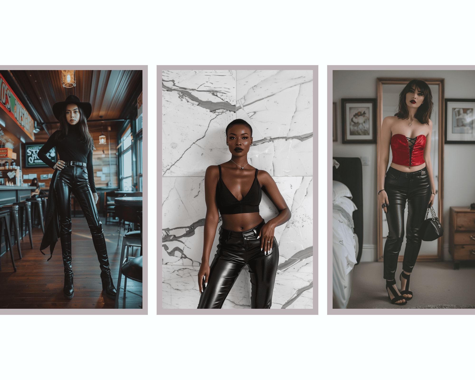 Image showing three women with different types of black leather pants outfits