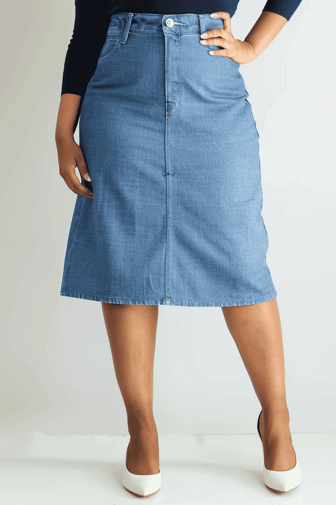 Image showing the waist down of a woman wearing a denim long pencil skirt with white pointed toe heels.