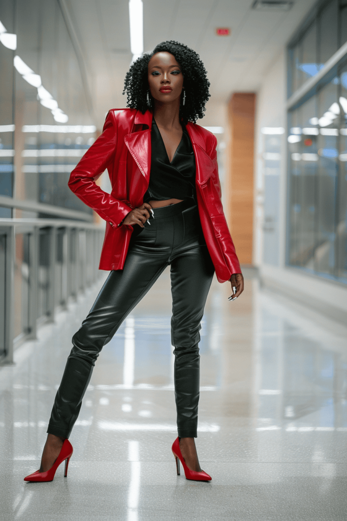 Red jacket black pants hotsell