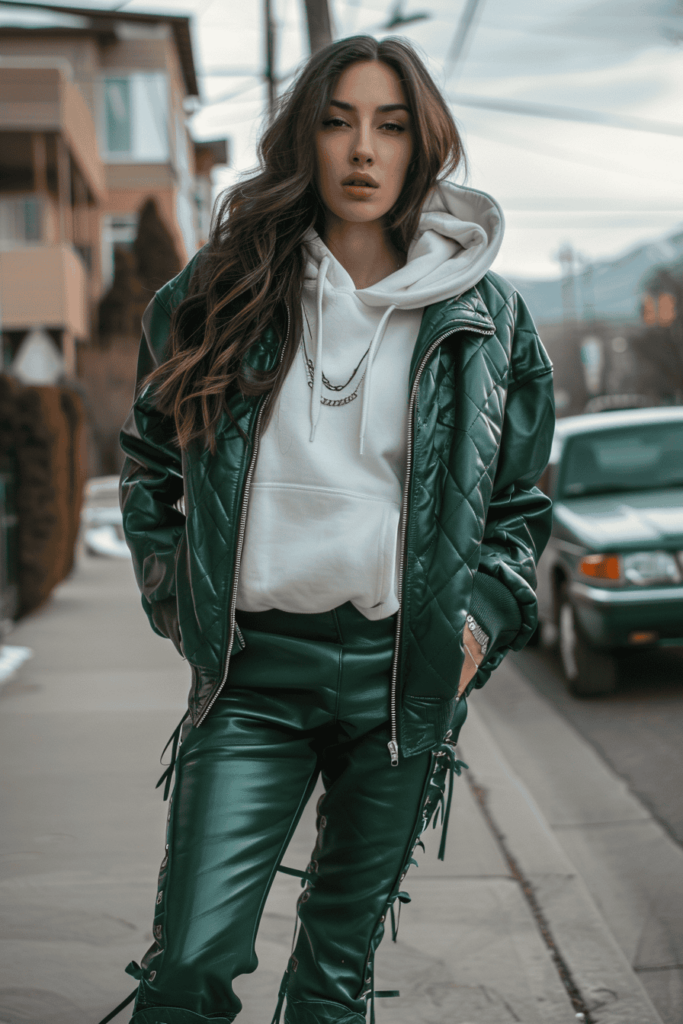 A woman wearing green leather pants with a white hoodie and green bomber jacket