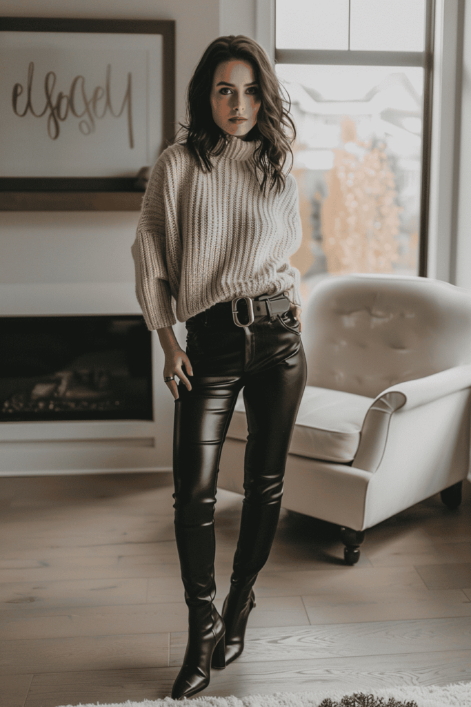 White woman wearing a chunky beige sweater with black leather pants