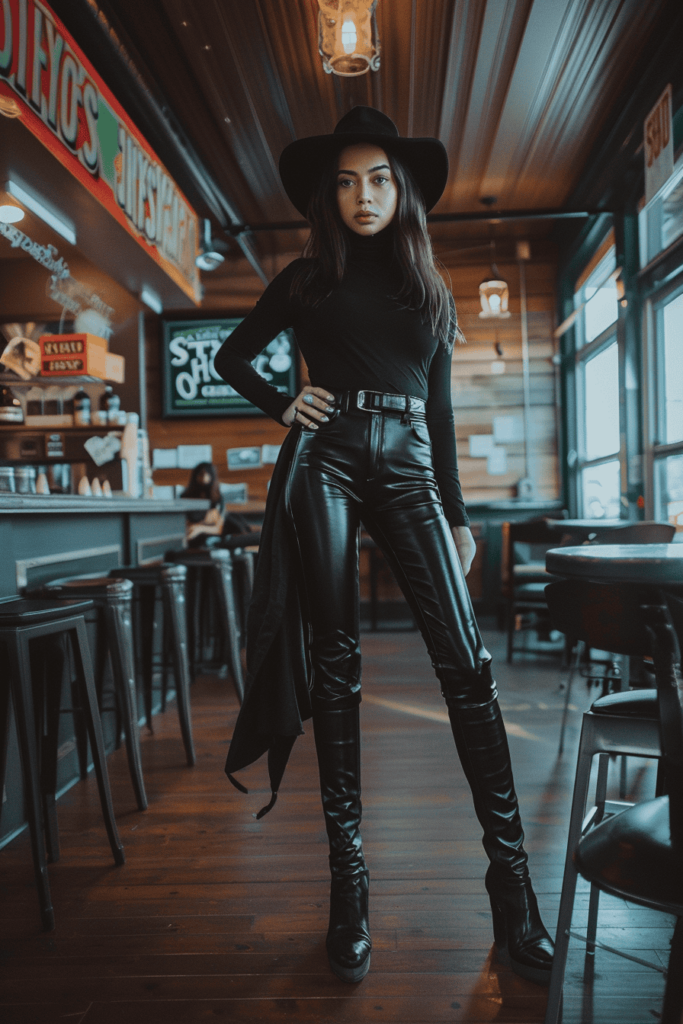 Woman wearing black leather pants with a black turtle neck, black boots and a black cow boy hat