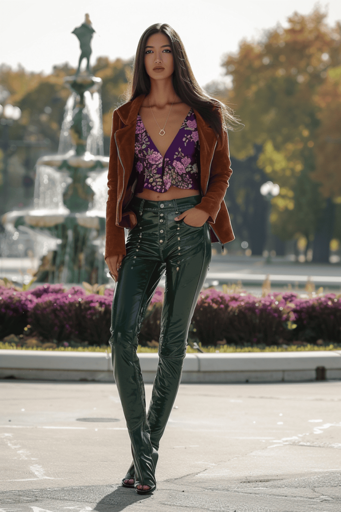 A woman wearing green leather pants with a purple floral top and a brown suede jacket