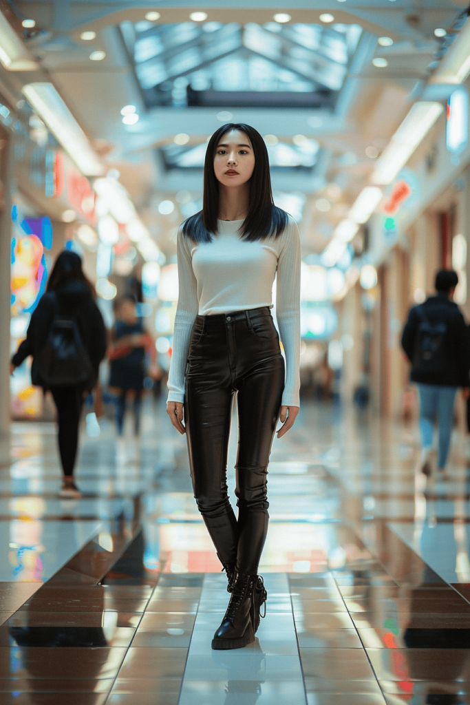 Black leather pants outfit with a white long sleeve t-shirt and black boots