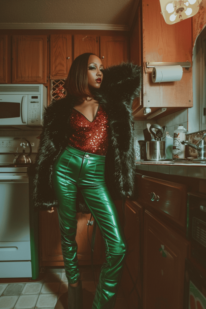 Green leather pants outfit with a red sequin top and black fur coat