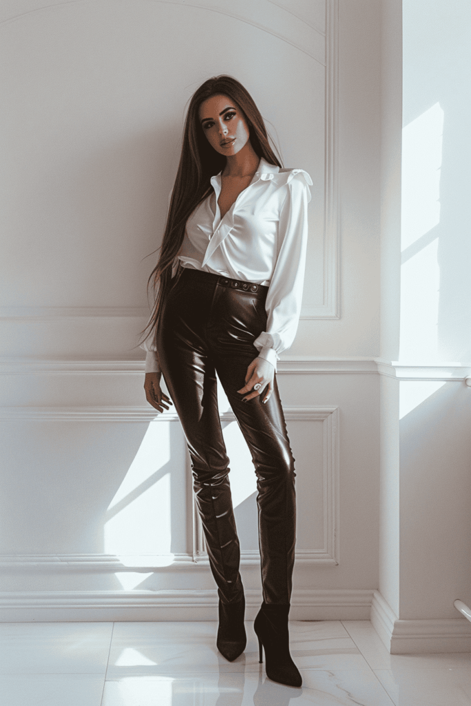 Woman wearing black leather pants with a white shirt casually unbuttoned at the top with a pair of black heels.