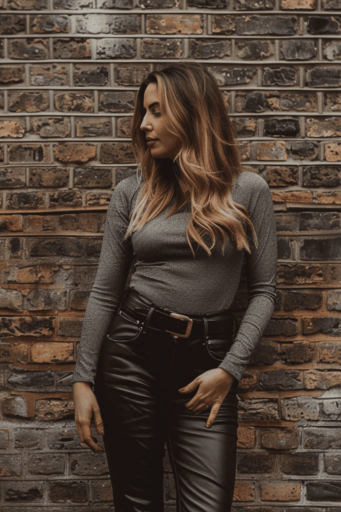 Woman wearing black leather pants with a gray long sleeve t-shirt