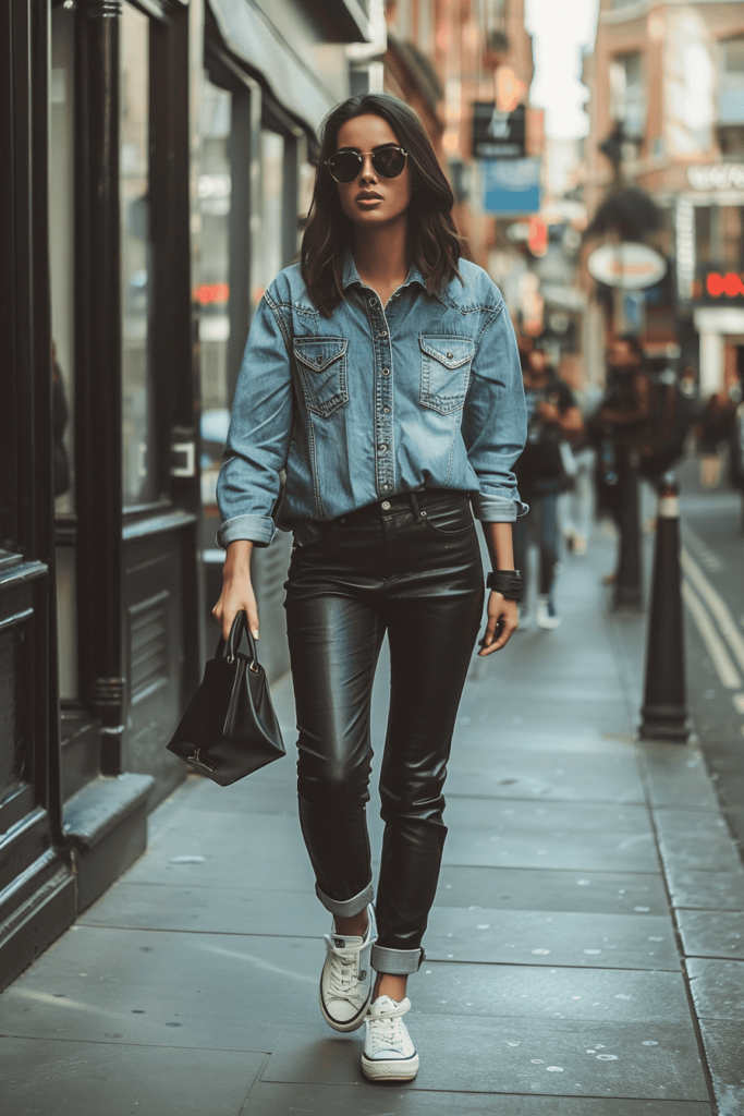Woman wearing a denim shirt with black leather pants and a pair of white sneakers
