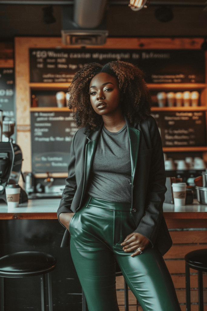 A black woman wearing green leather pants with a gray turtleneck and black blazer