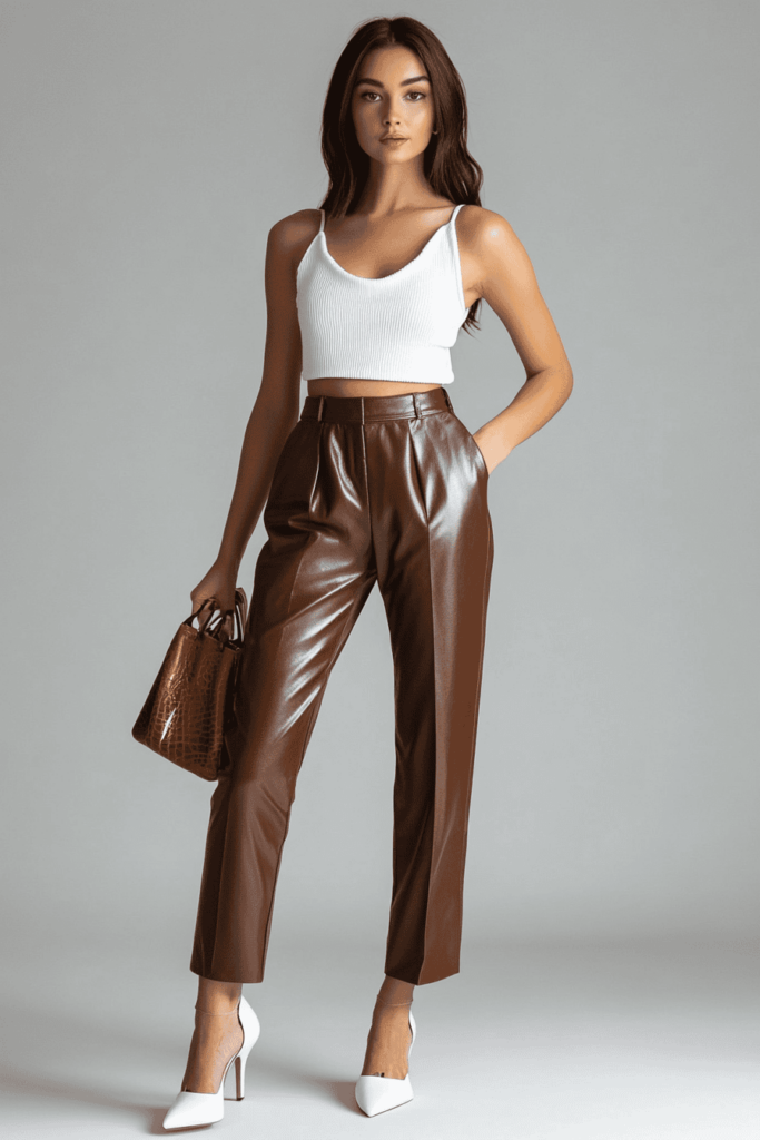Woman wearing brown faux leather pants with a white tank top