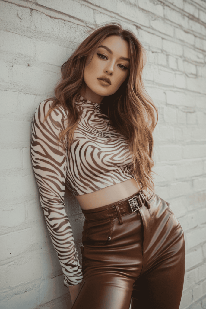 Woman wearing brown leather pants with a blush printed top leaning against a wall.