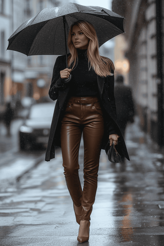 Brown leather leggings outfit sales