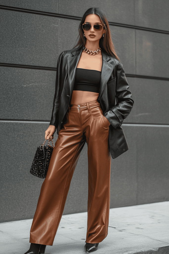 white woman wearing brown leather pants with a black crop top and an oversized blazer