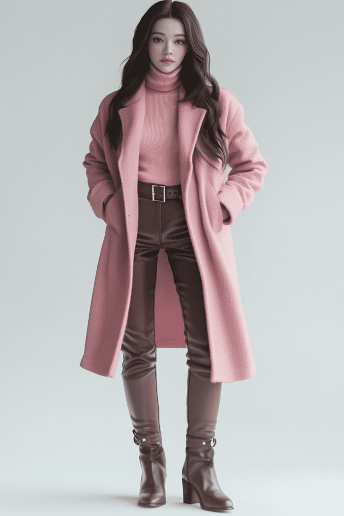 Woman wearing brown leather pants with a pink coat and pink turtleneck outfit