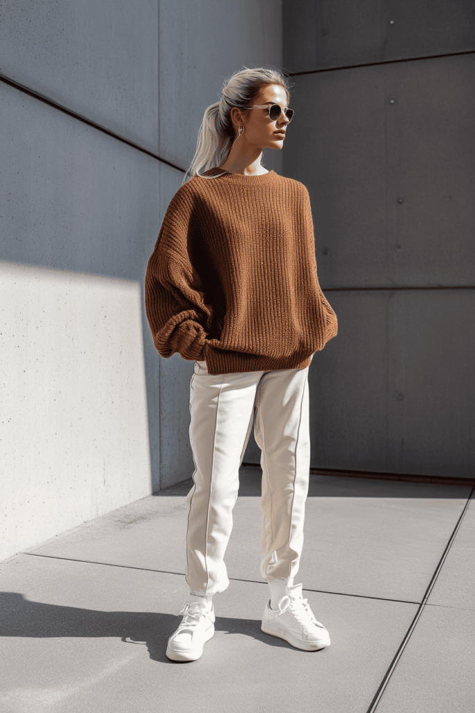 White woman wearing cream leather pants, beige sweater and white sneakers. She is standing.