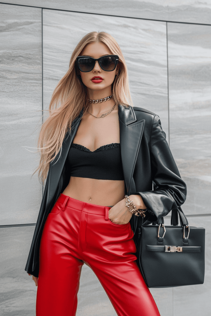 A woman wearing red leather pants a black crop top and a black leather jacket