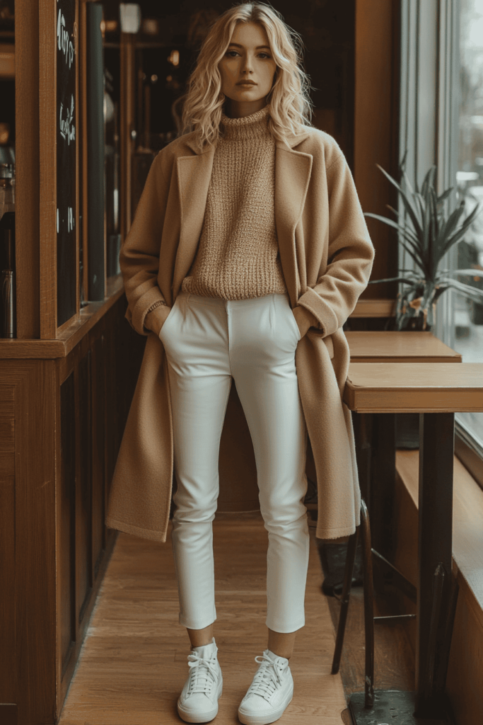 Woman wearing a beige turtleneck with a camel coat on top and cream leather pants with white sneakers
