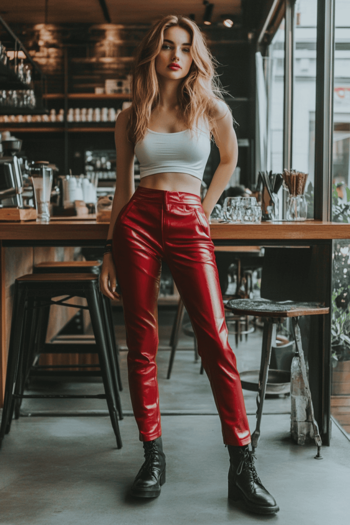 Woman wearing red leather pants with a white crop top and black shoes