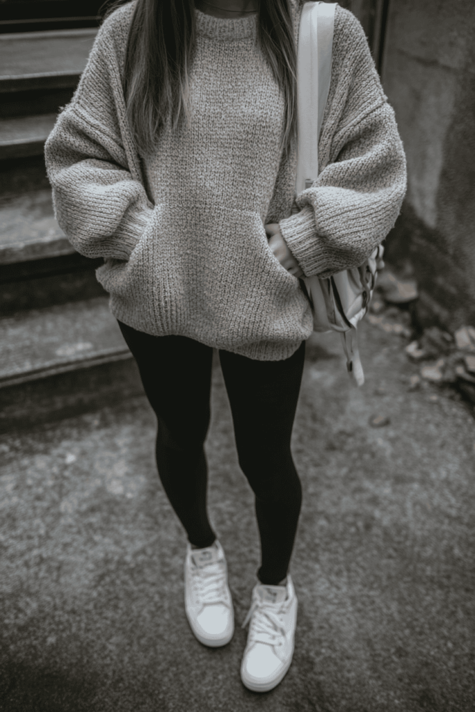 High school student wearing black leggings with a beige oversized sweater and white sneakers.