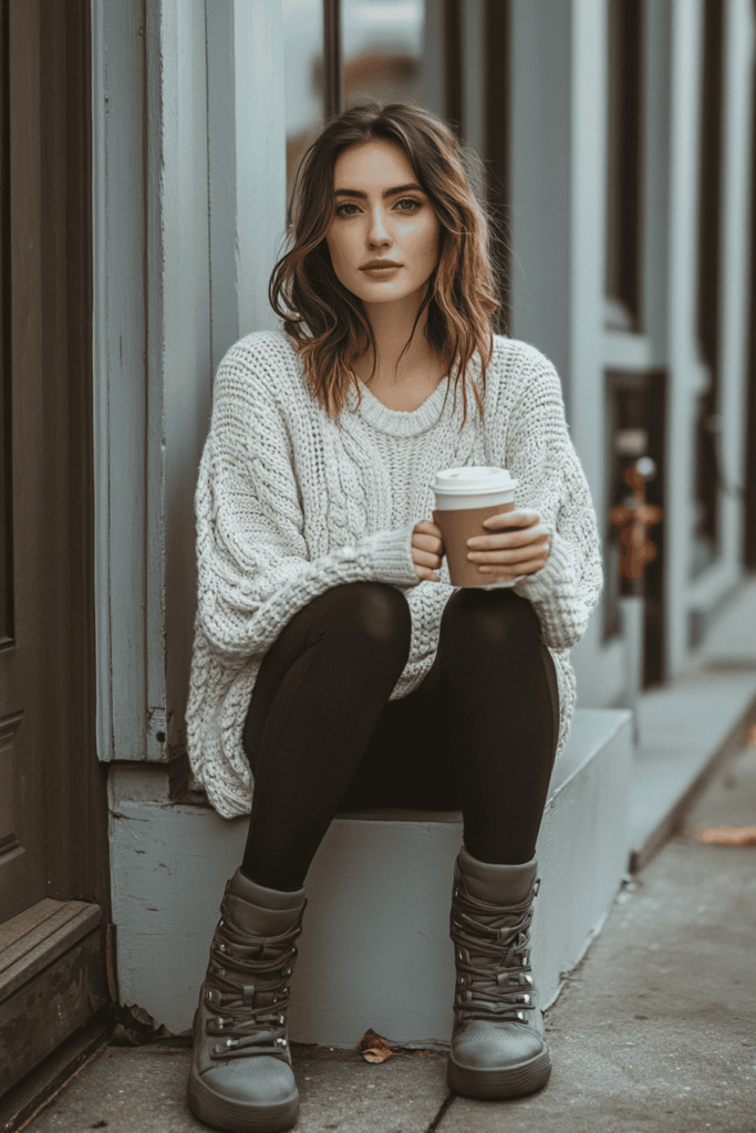 White female school student wearing black leggings, white knit sweater and some gray chunky boots