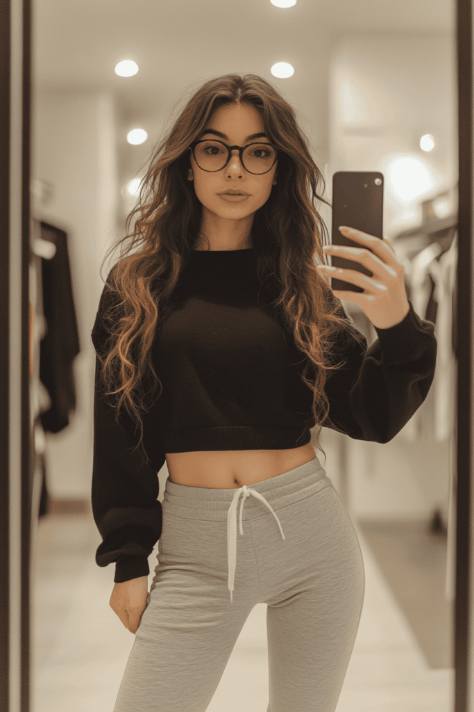 White woman wearing a black sweater with grey leggings
