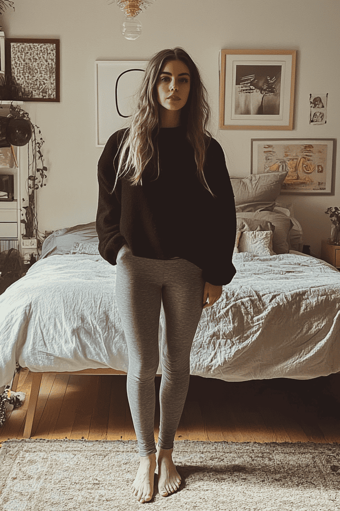 woman wearing black leggings with a black chunky sweater