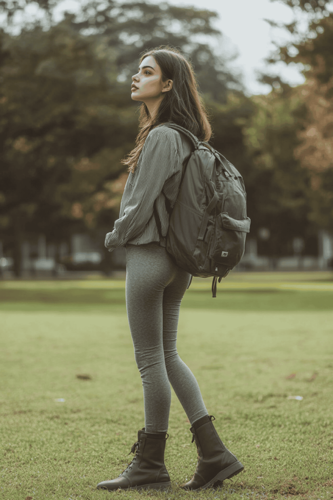 A teen wearing grey leggings, greyish chunky boots, a long sleeve grey sweater and a backpack