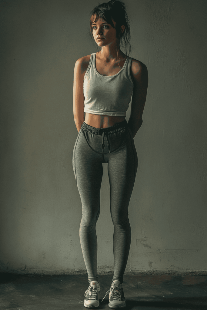 White woman wearing grey leggings with a grey tank top and some black and white sneakers