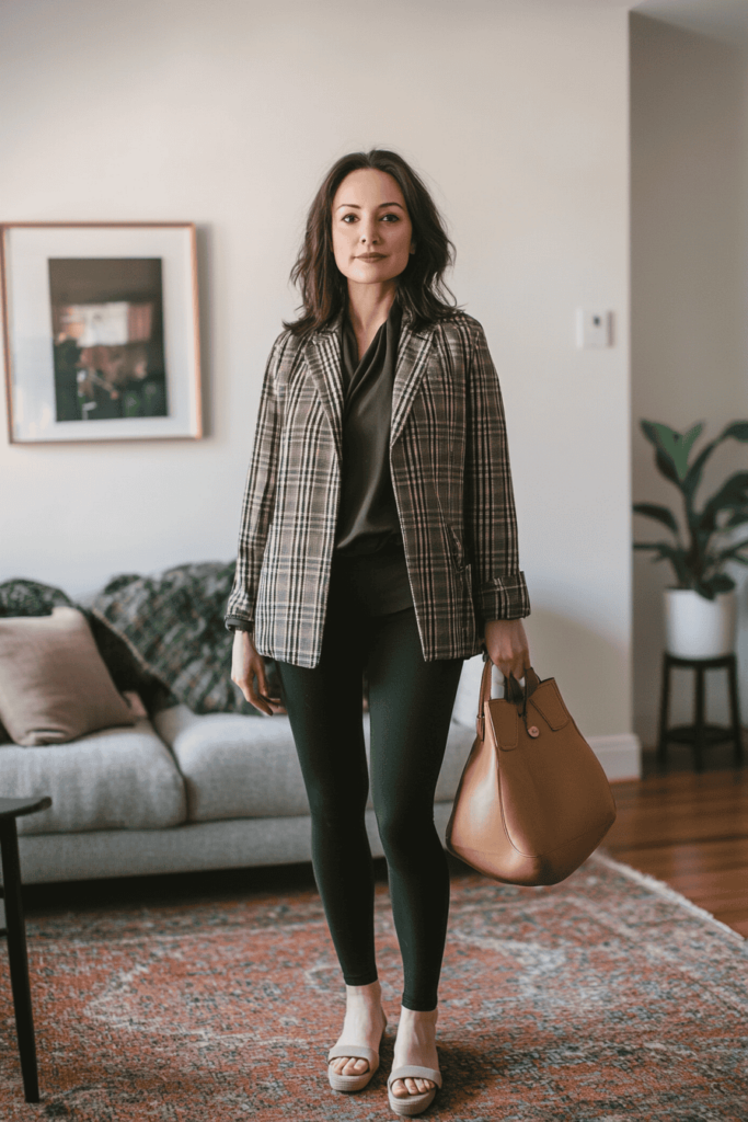 Woman wearing black leggings, oversized blazer with plaid pattern and mule slippers