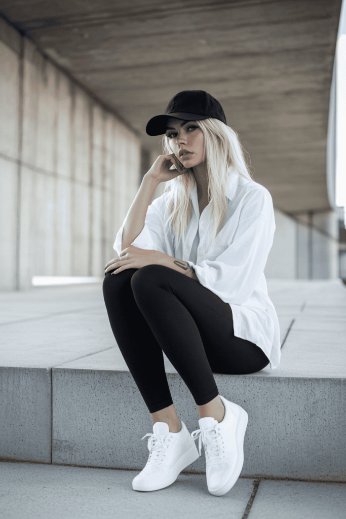 Woman wearing a black baseball cap, white shirt, black leggings and white sneakers. She is sitting on the ground