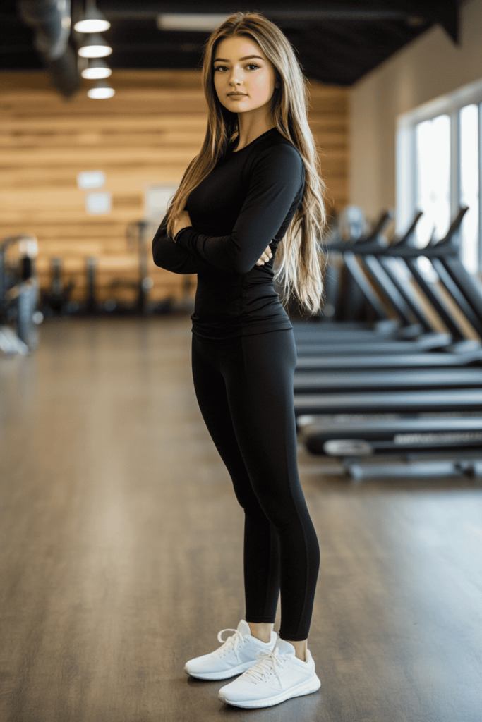 Image showing woman at the gym wearing black leggings and a long sleeve black top with white sneakers