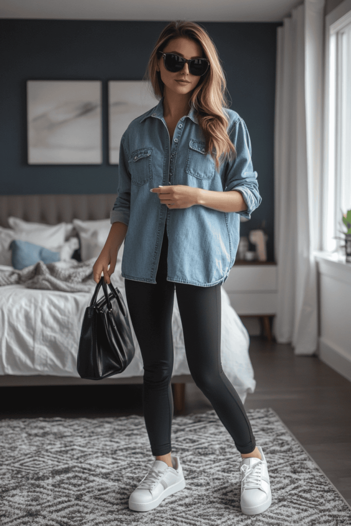 Woman wearing black leggings with a denim shirt, white sneakers and some sunglasses. She is holding a black handbag in one hand.
