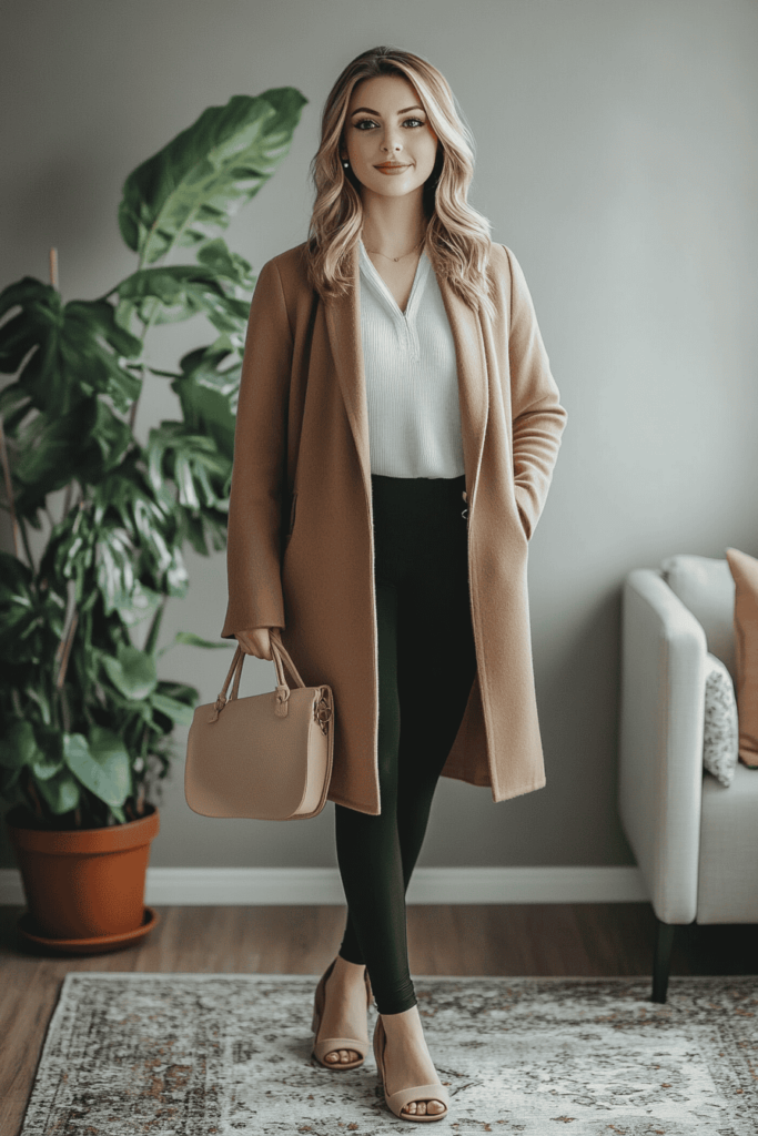 Woman wearing black leggings, beige mule shoes, long camel colored coat, white top and light brown purse
