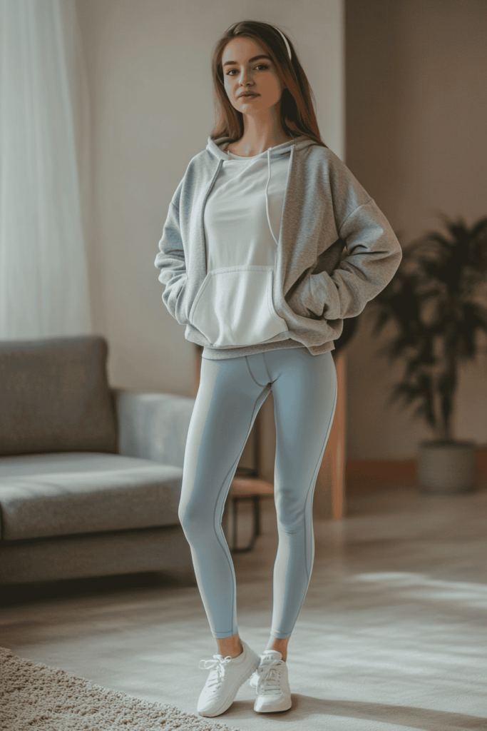 A woman wearing a fresh casual gym outfit which consists of light blue leggings, white sneakers and a gray hoodie