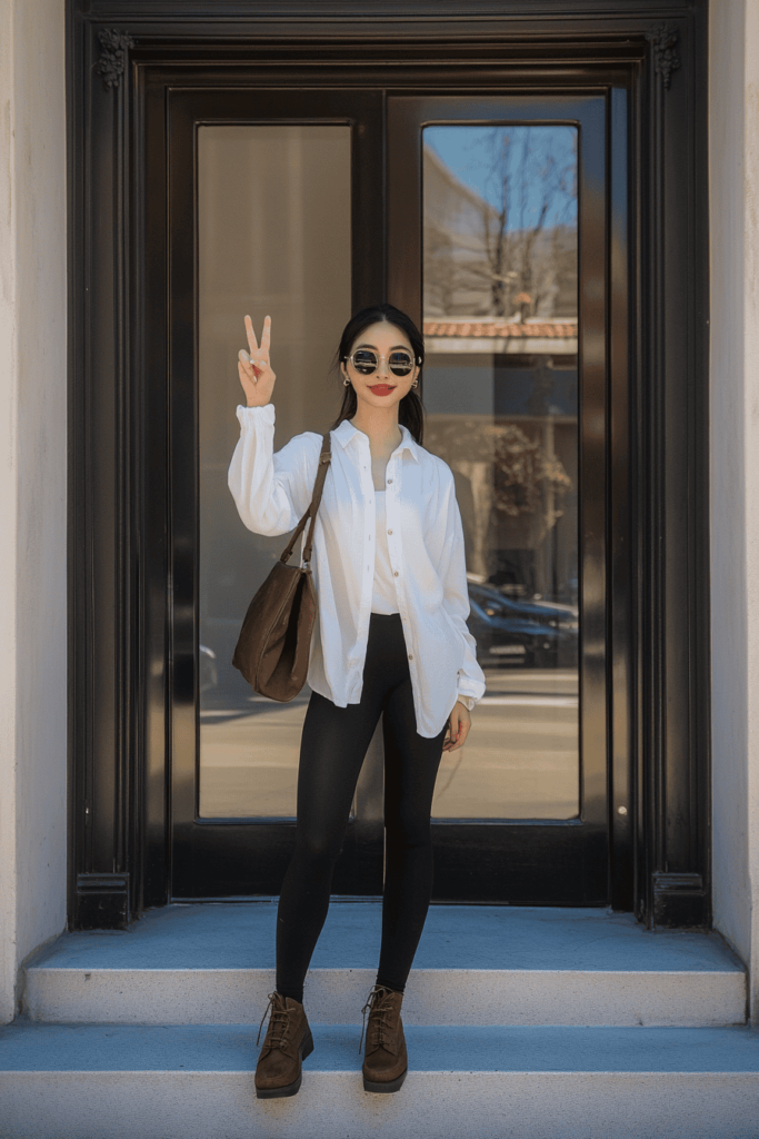 A woman wearing black leggings, white shirt with long sleeves and brown high heeled shoes