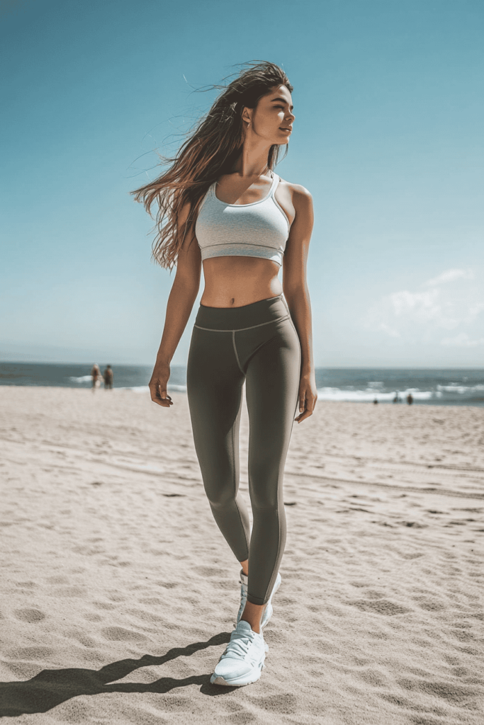 Woman on the beach wearing Olive Green leggings with a white tank top and white sneakers