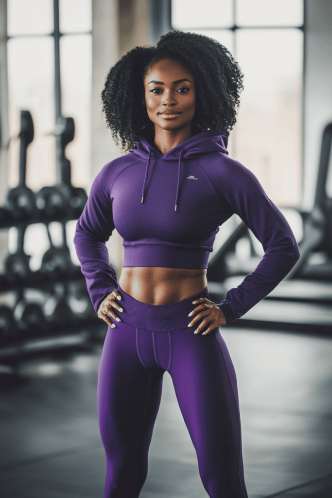 A black woman wearing purple leggings with a purple cropped hoodie standing in a gym with some dumbbells visible in the background 